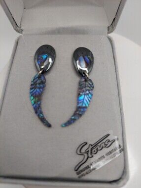 Storrs Bear Paw Hematit & Abalone Inlay Vtg Dangle  Earrings 1.5", VGC.